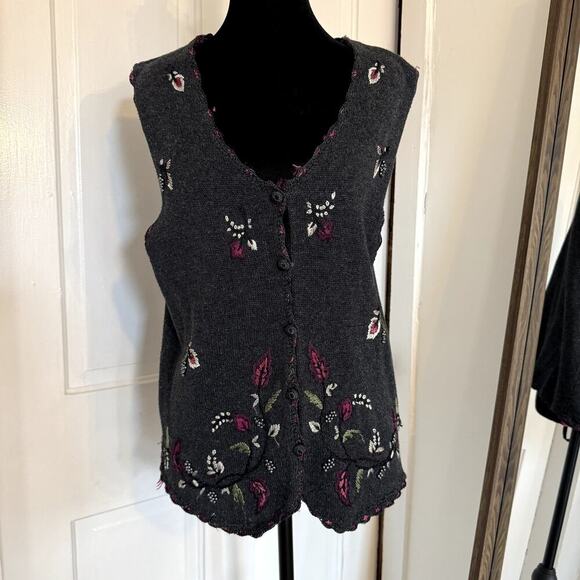 Vintage 90s Classic Elements Floral Embroidered Button Up Vest Medium Charcoal - Picture 4 of 5